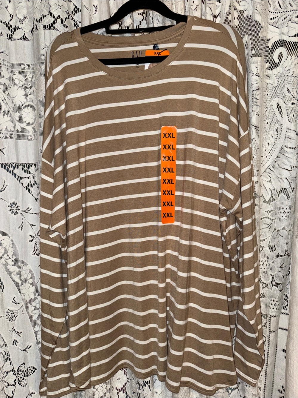 GAP Long-Sleeve Striped Tee in Taupe and White